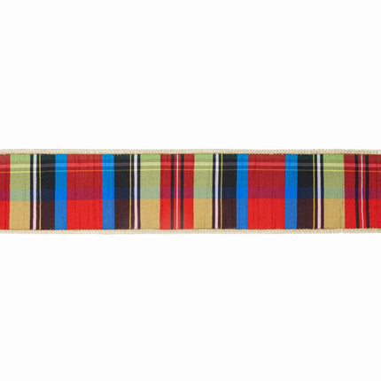 2 1/2" Wired Ribbon | Black/Lime/Red/Royal Plaid w/ Gold Dupioni-fused Backing | 10 Yard Roll LaRibbons Wholesale