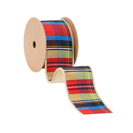 2 1/2" Wired Ribbon | Black/Lime/Red/Royal Plaid w/ Gold Dupioni-fused Backing | 10 Yard Roll LaRibbons Wholesale