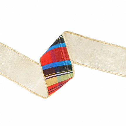 2 1/2" Wired Ribbon | Black/Lime/Red/Royal Plaid w/ Gold Dupioni-fused Backing | 10 Yard Roll LaRibbons Wholesale