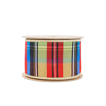 2 1/2" Wired Ribbon | Black/Lime/Red/Royal Plaid w/ Gold Dupioni-fused Backing | 10 Yard Roll LaRibbons Wholesale