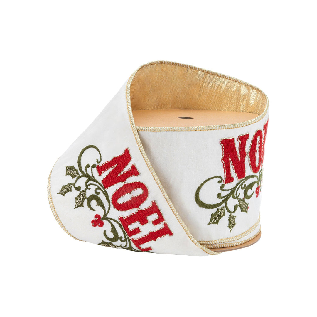 4" Wired Ribbon | Embroidered NOEL on Metallic Dupioni-fused Backing | 5 Yard Roll LaRibbons Wholesale