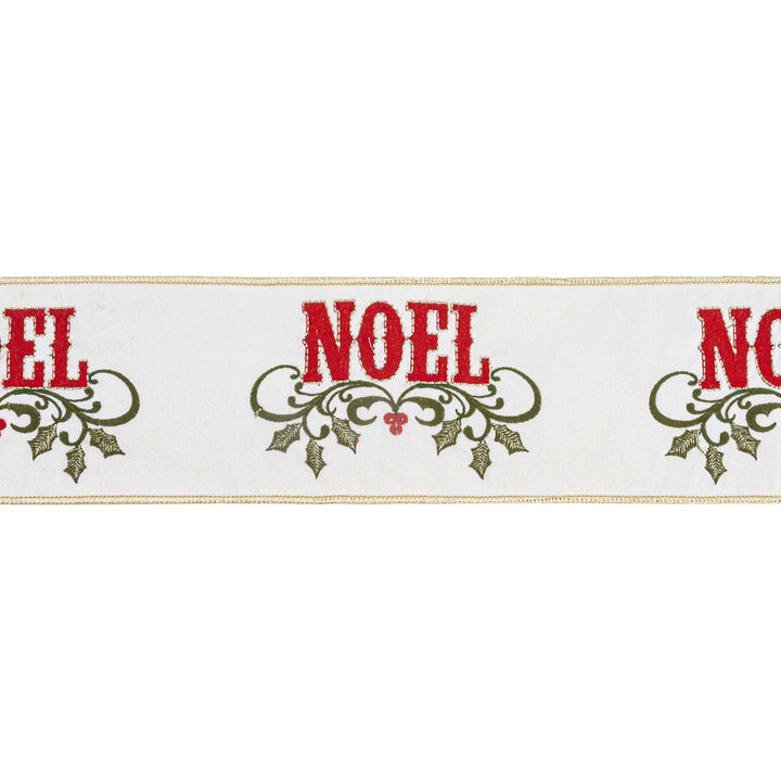 4" Wired Ribbon | Embroidered NOEL on Metallic Dupioni-fused Backing | 5 Yard Roll LaRibbons Wholesale