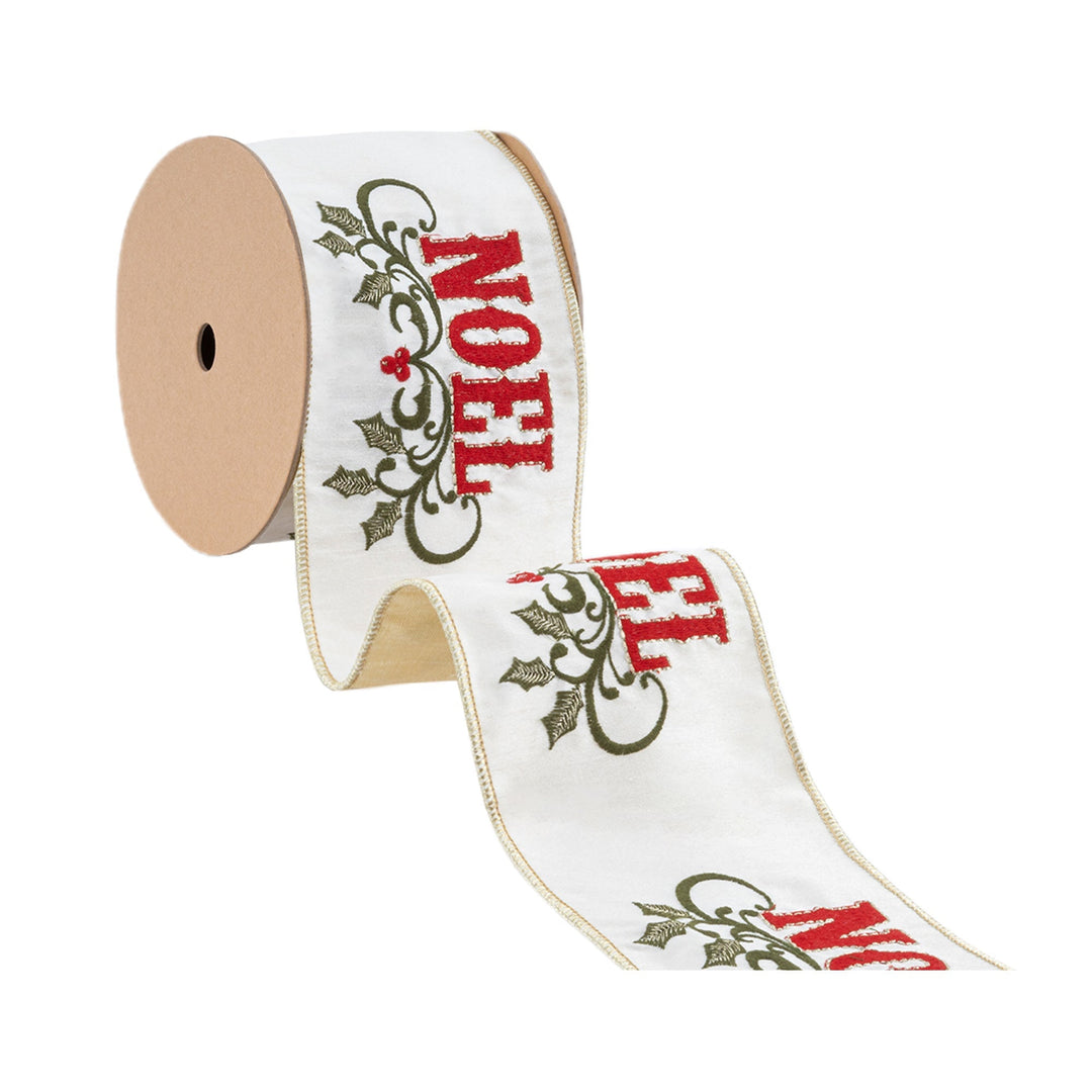 4" Wired Ribbon | Embroidered NOEL on Metallic Dupioni-fused Backing | 5 Yard Roll LaRibbons Wholesale