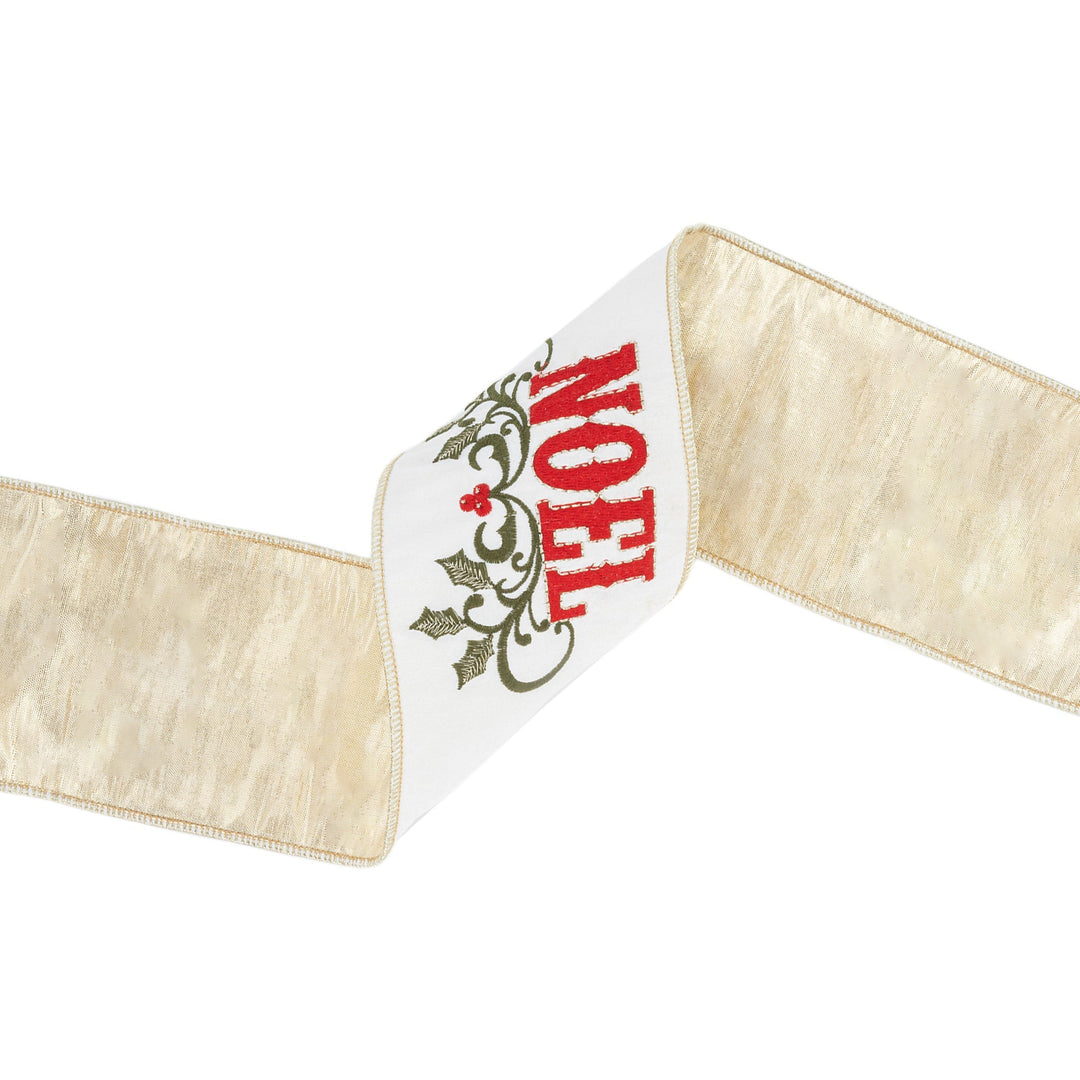 4" Wired Ribbon | Embroidered NOEL on Metallic Dupioni-fused Backing | 5 Yard Roll LaRibbons Wholesale