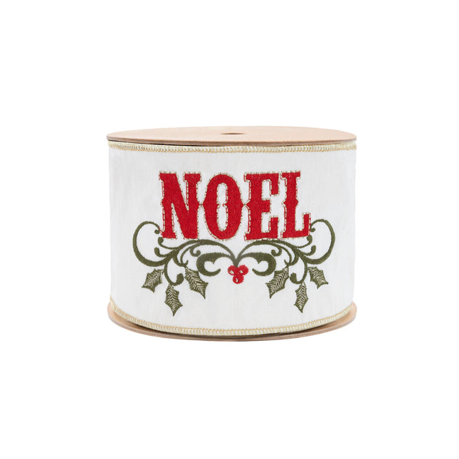 4" Wired Ribbon | Embroidered NOEL on Metallic Dupioni-fused Backing | 5 Yard Roll LaRibbons Wholesale