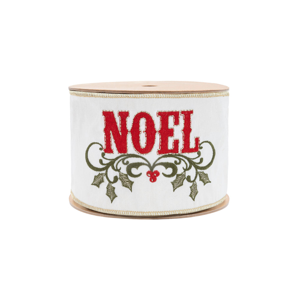 4" Wired Ribbon | Embroidered NOEL on Metallic Dupioni-fused Backing | 5 Yard Roll LaRibbons Wholesale