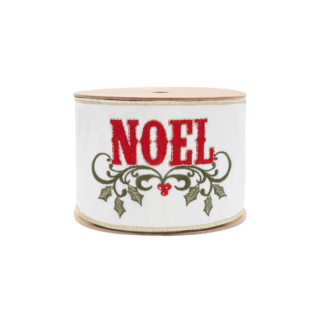 4" Wired Ribbon | Embroidered NOEL on Metallic Dupioni-fused Backing | 5 Yard Roll LaRibbons Wholesale