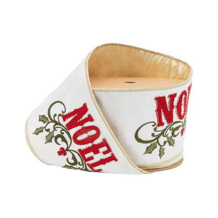 4" Wired Ribbon | Embroidered NOEL on Metallic Dupioni-fused Backing | 5 Yard Roll LaRibbons Wholesale