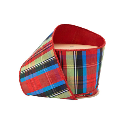 4" Wired Ribbon | Black/Lime/Red/Royal Plaid w/ Red Dupioni-fused Backing | 10 Yard Roll LaRibbons Wholesale