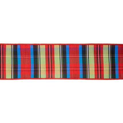 4" Wired Ribbon | Black/Lime/Red/Royal Plaid w/ Red Dupioni-fused Backing | 10 Yard Roll - LaRibbons and Crafts