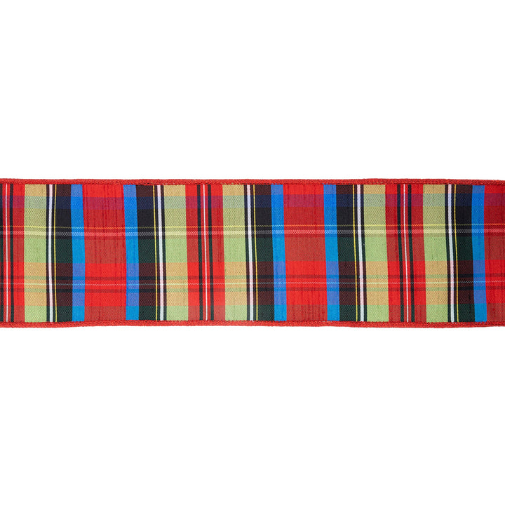 4" Wired Ribbon | Black/Lime/Red/Royal Plaid w/ Red Dupioni-fused Backing | 10 Yard Roll