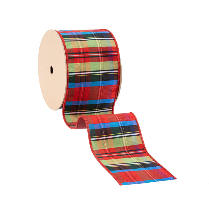 4" Wired Ribbon | Black/Lime/Red/Royal Plaid w/ Red Dupioni-fused Backing | 10 Yard Roll