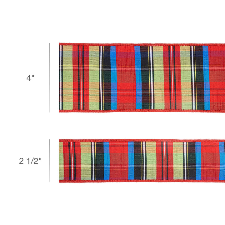 4" Wired Ribbon | Black/Lime/Red/Royal Plaid w/ Red Dupioni-fused Backing | 10 Yard Roll