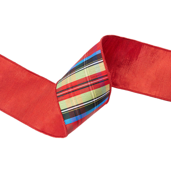 4" Wired Ribbon | Black/Lime/Red/Royal Plaid w/ Red Dupioni-fused Backing | 10 Yard Roll