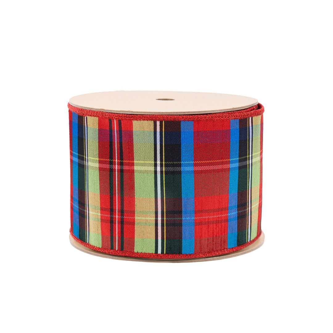 4" Wired Ribbon | Black/Lime/Red/Royal Plaid w/ Red Dupioni-fused Backing | 10 Yard Roll