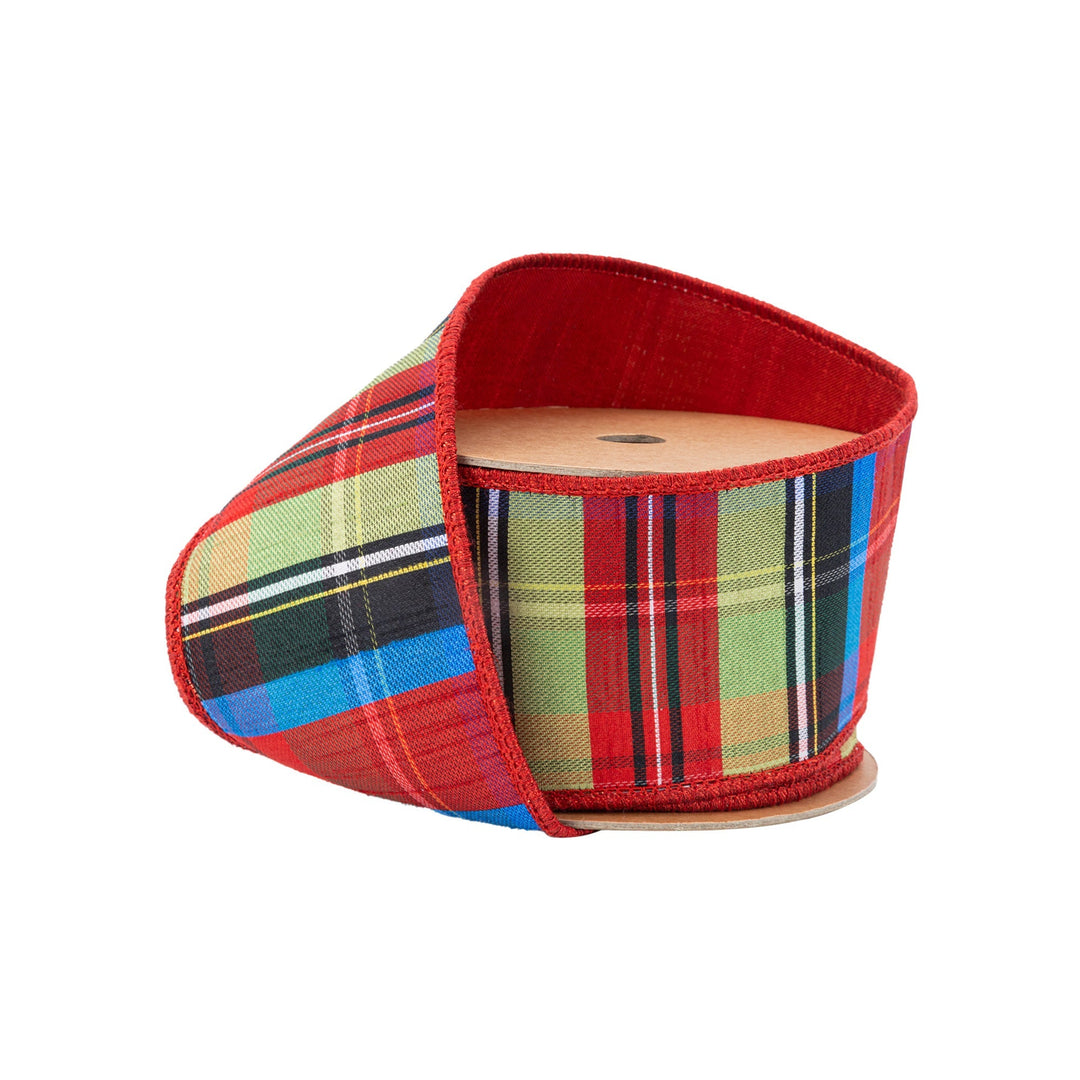 2 1/2" Wired Ribbon | Black/Lime/Red/Royal Plaid w/ Red Dupioni-fused Backing | 10 Yard Roll LaRibbons Wholesale
