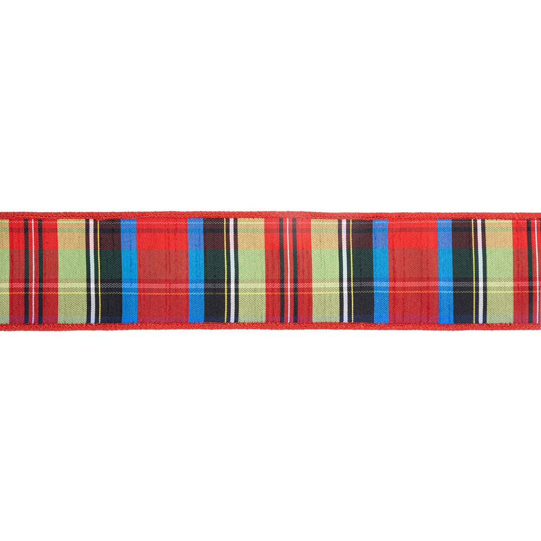 2 1/2" Wired Ribbon | Black/Lime/Red/Royal Plaid w/ Red Dupioni-fused Backing | 10 Yard Roll LaRibbons Wholesale