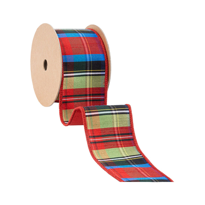 2 1/2" Wired Ribbon | Black/Lime/Red/Royal Plaid w/ Red Dupioni-fused Backing | 10 Yard Roll LaRibbons Wholesale