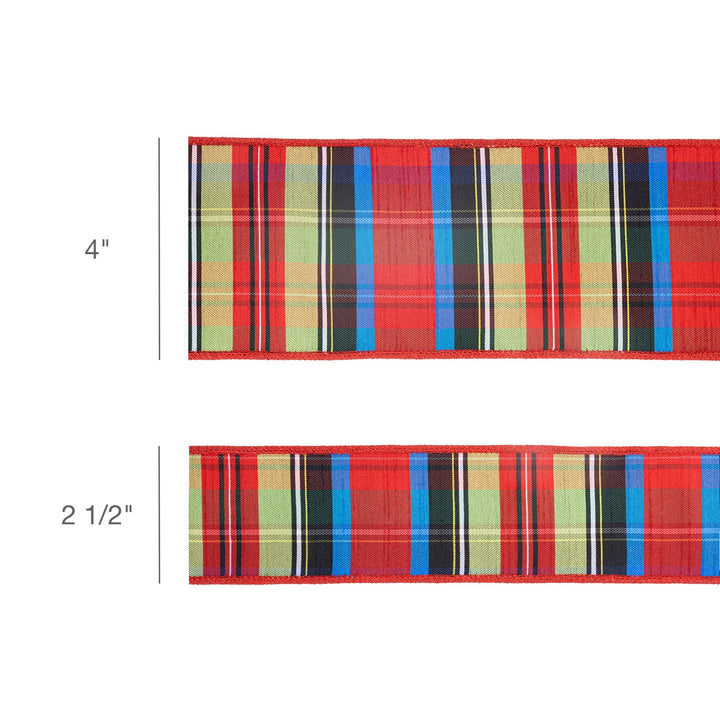 2 1/2" Wired Ribbon | Black/Lime/Red/Royal Plaid w/ Red Dupioni-fused Backing | 10 Yard Roll LaRibbons Wholesale