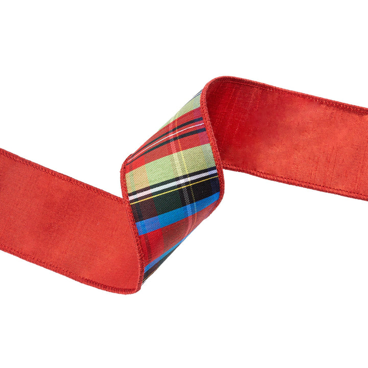 2 1/2" Wired Ribbon | Black/Lime/Red/Royal Plaid w/ Red Dupioni-fused Backing | 10 Yard Roll LaRibbons Wholesale
