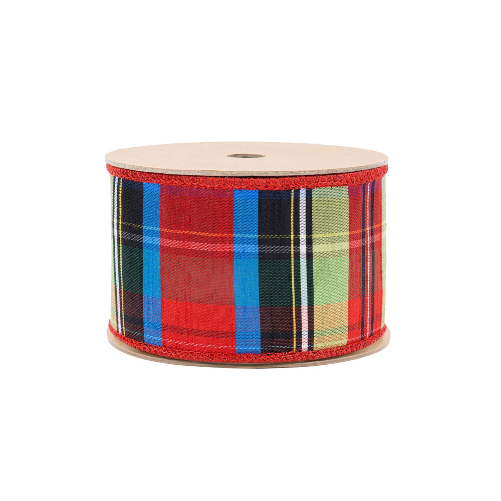 2 1/2" Wired Ribbon | Black/Lime/Red/Royal Plaid w/ Red Dupioni-fused Backing | 10 Yard Roll LaRibbons Wholesale