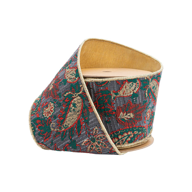 4" Wired Jacquard Ribbon | Burgundy Damask Paisley w/ Gold Dupioni-Fused Backing | 10 Yard Roll LaRibbons Wholesale