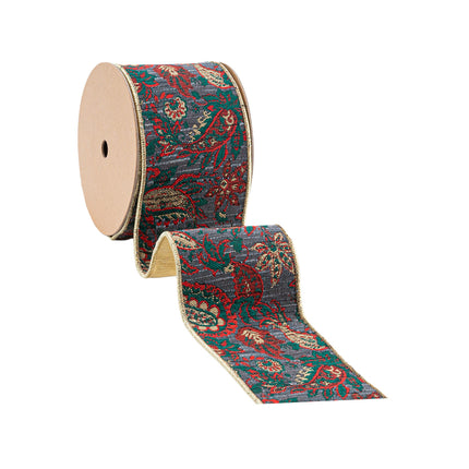 4" Wired Jacquard Ribbon | Burgundy Damask Paisley w/ Gold Dupioni-Fused Backing | 10 Yard Roll LaRibbons Wholesale