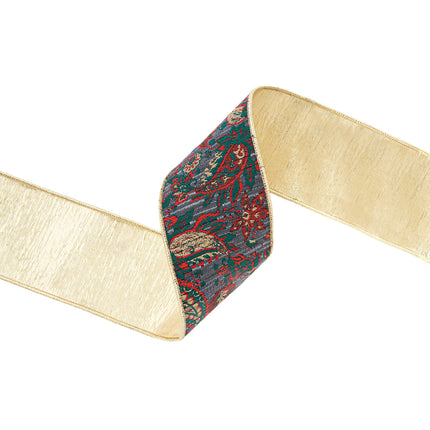 4" Wired Jacquard Ribbon | Burgundy Damask Paisley w/ Gold Dupioni-Fused Backing | 10 Yard Roll LaRibbons Wholesale