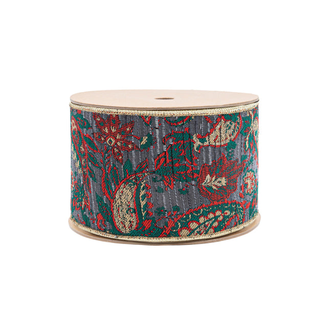 4" Wired Jacquard Ribbon | Burgundy Damask Paisley w/ Gold Dupioni-Fused Backing | 10 Yard Roll LaRibbons Wholesale