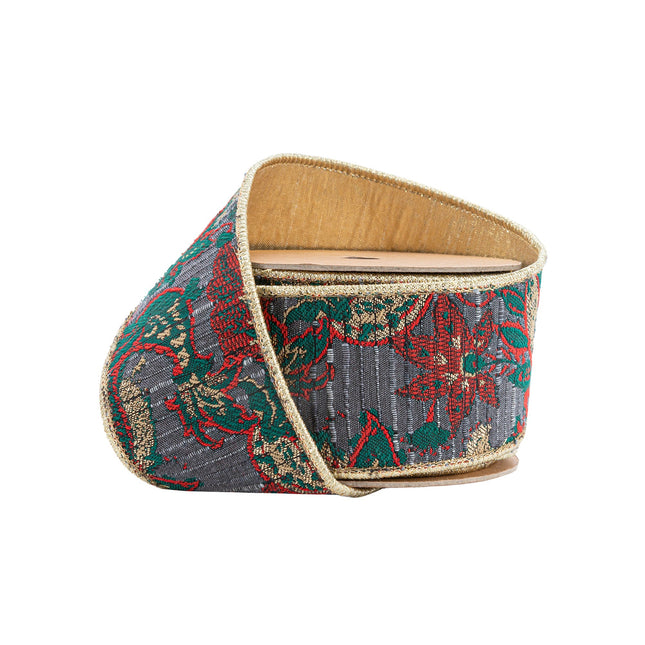 2 1/2" Wired Jacquard Ribbon | Burgundy Damask Paisley w/ Gold Dupioni-Fused Backing | 10 Yard Roll LaRibbons Wholesale