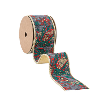 2 1/2" Wired Jacquard Ribbon | Burgundy Damask Paisley w/ Gold Dupioni-Fused Backing | 10 Yard Roll LaRibbons Wholesale