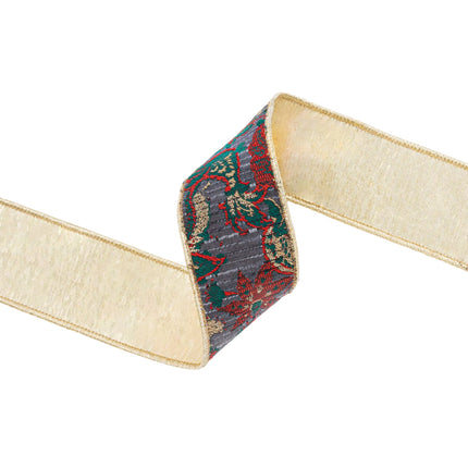 2 1/2" Wired Jacquard Ribbon | Burgundy Damask Paisley w/ Gold Dupioni-Fused Backing | 10 Yard Roll LaRibbons Wholesale