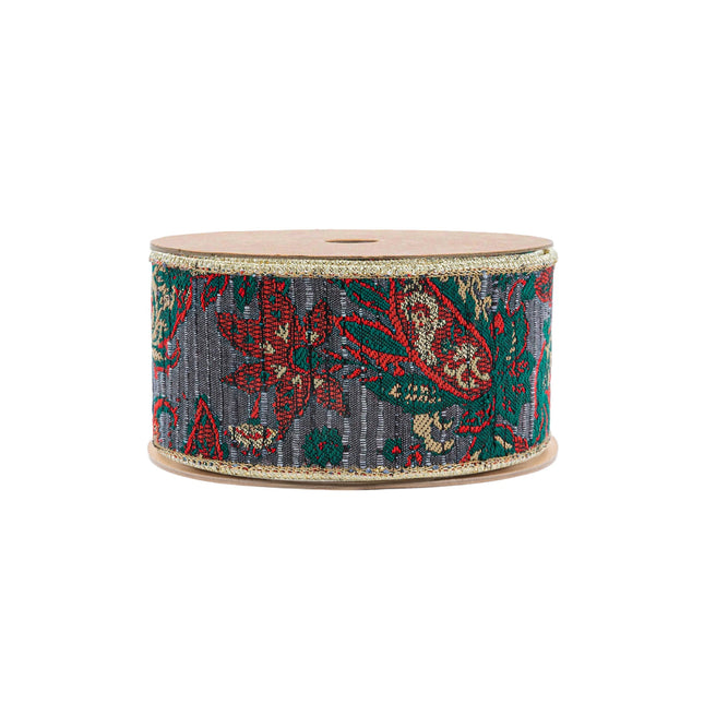 2 1/2" Wired Jacquard Ribbon | Burgundy Damask Paisley w/ Gold Dupioni-Fused Backing | 10 Yard Roll LaRibbons Wholesale