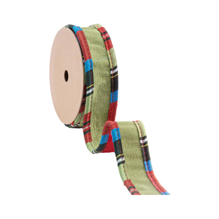 1" Wired Reversible Dupioni Ribbon | Red/Apple Green w/ Plaid Cording | 10 Yard Roll LaRibbons Wholesale