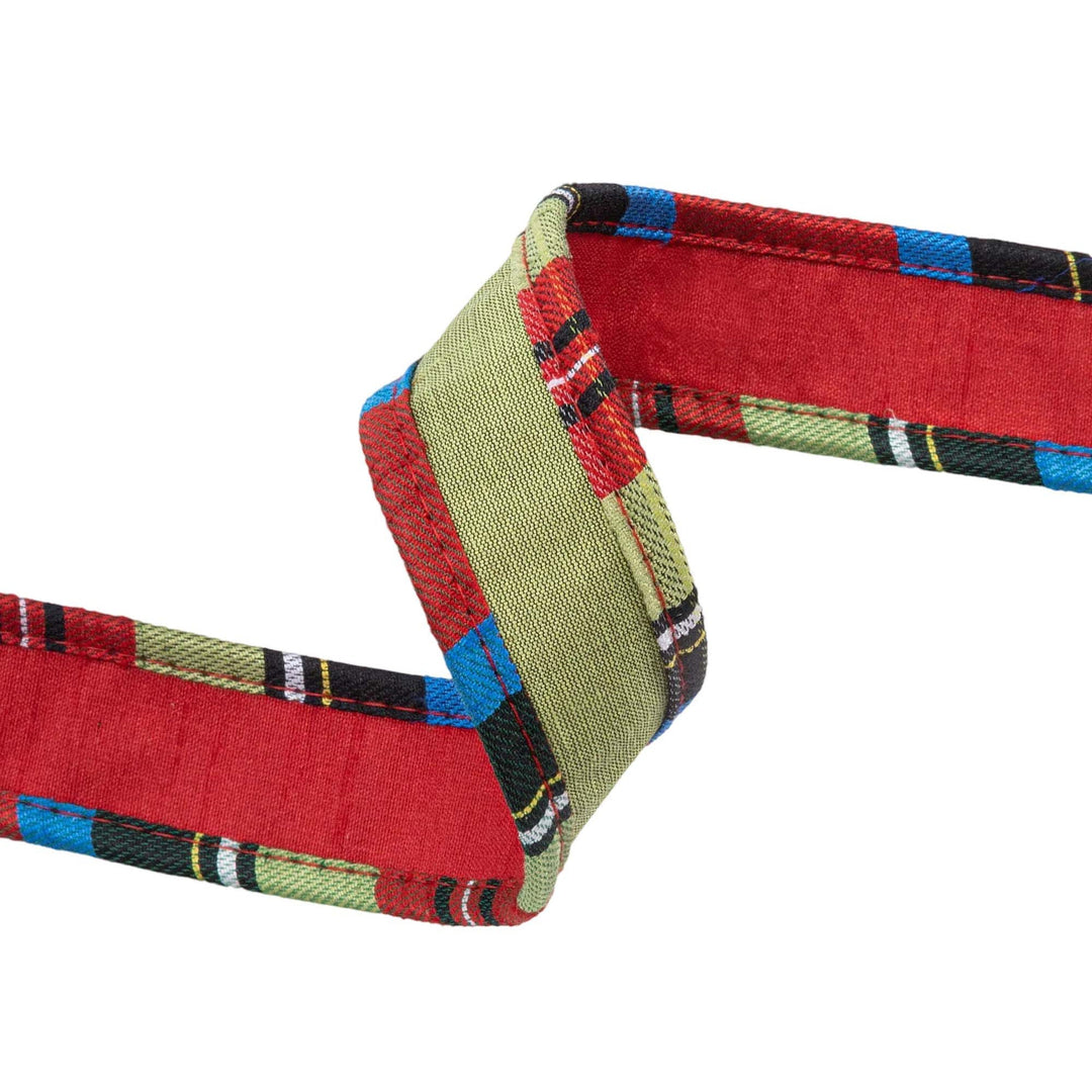 1" Wired Reversible Dupioni Ribbon | Red/Apple Green w/ Plaid Cording | 10 Yard Roll
