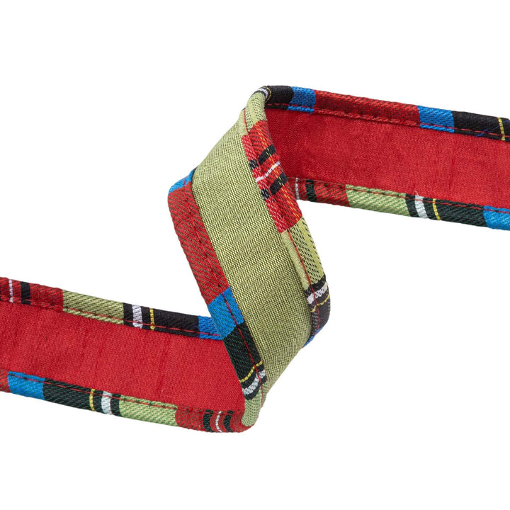 1" Wired Reversible Dupioni Ribbon | Red/Apple Green w/ Plaid Cording | 10 Yard Roll
