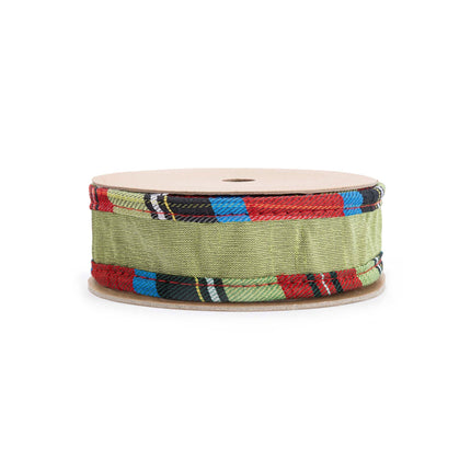 1" Wired Reversible Dupioni Ribbon | Red/Apple Green w/ Plaid Cording | 10 Yard Roll LaRibbons Wholesale