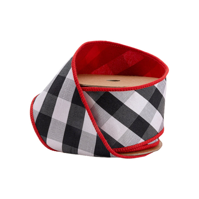 2 1/2" Wired Ribbon | Black/White Bias Check w/ Red Dupioni-fused Backing | 10 Yard Roll LaRibbons Wholesale