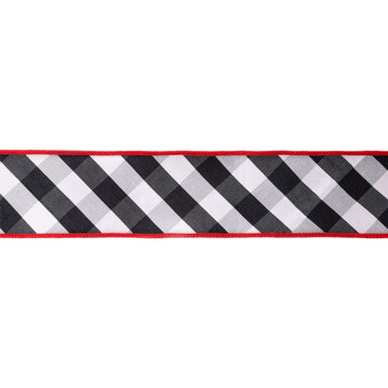 2 1/2" Wired Ribbon | Black/White Bias Check w/ Red Dupioni-fused Backing | 10 Yard Roll LaRibbons Wholesale