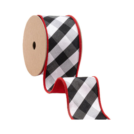 2 1/2" Wired Ribbon | Black/White Bias Check w/ Red Dupioni-fused Backing | 10 Yard Roll LaRibbons Wholesale