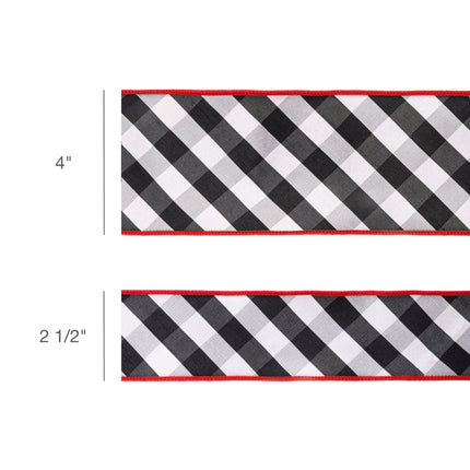 2 1/2" Wired Ribbon | Black/White Bias Check w/ Red Dupioni-fused Backing | 10 Yard Roll LaRibbons Wholesale