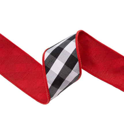 2 1/2" Wired Ribbon | Black/White Bias Check w/ Red Dupioni-fused Backing | 10 Yard Roll LaRibbons Wholesale