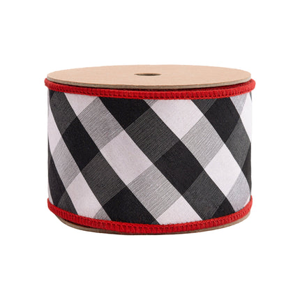 2 1/2" Wired Ribbon | Black/White Bias Check w/ Red Dupioni-fused Backing | 10 Yard Roll LaRibbons Wholesale