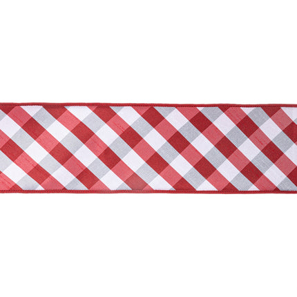 4" Wired Ribbon | Red/White Bias Check w/ Red Dupioni-fused Backing | 10 Yard Roll LaRibbons and Crafts