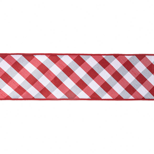 4" Wired Ribbon | Red/White Bias Check w/ Red Dupioni-fused Backing | 10 Yard Roll LaRibbons and Crafts