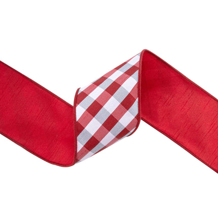 4" Wired Ribbon | Red/White Bias Check w/ Red Dupioni-fused Backing | 10 Yard Roll LaRibbons and Crafts