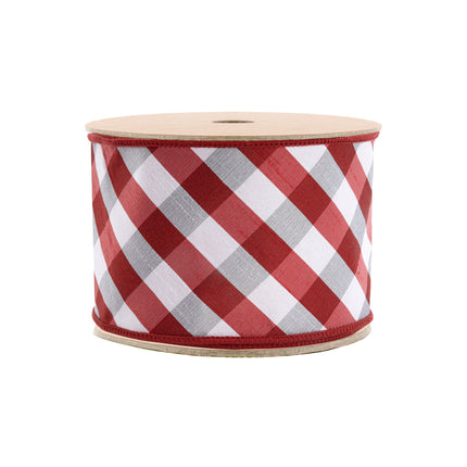 4" Wired Ribbon | Red/White Bias Check w/ Red Dupioni-fused Backing | 10 Yard Roll LaRibbons and Crafts