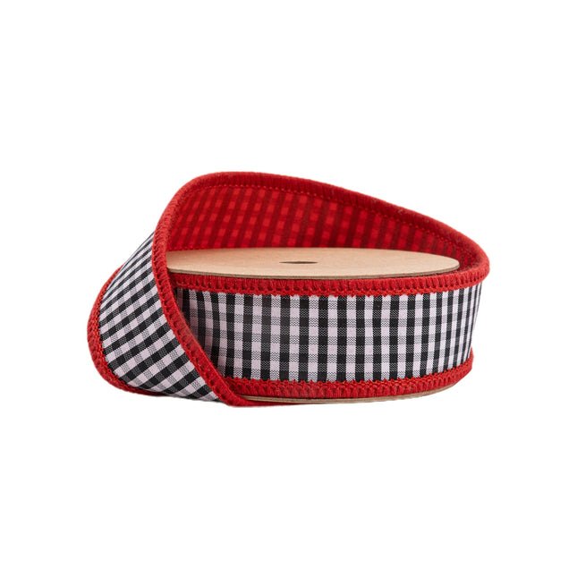1" Wired Ribbon | Black/White Mini Check w/ Red Backing | 10 Yard Roll LaRibbons Wholesale