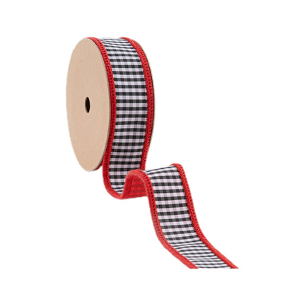 1" Wired Ribbon | Black/White Mini Check w/ Red Backing | 10 Yard Roll LaRibbons Wholesale