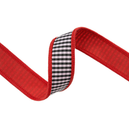 1" Wired Ribbon | Black/White Mini Check w/ Red Backing | 10 Yard Roll LaRibbons Wholesale